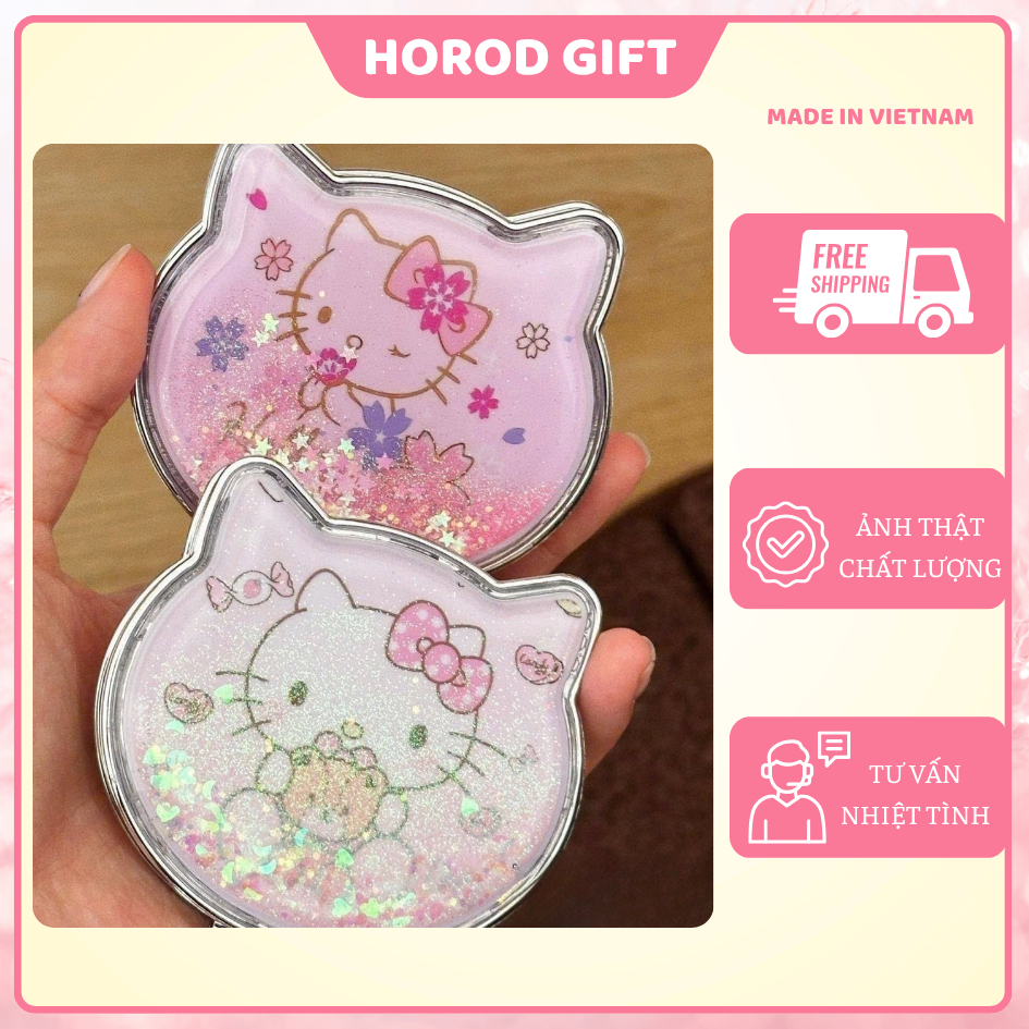 Gương Bỏ Túi Hai Mặt Hello Kitty Nhũ Nước Lấp Lánh Hình Tai Mèo Dễ ...