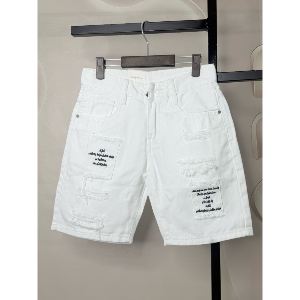 [Max 1042] Quần đùi jean cotton nam trắng rách không co dãn chữ thêu túi hộp giả [Tnhung]
