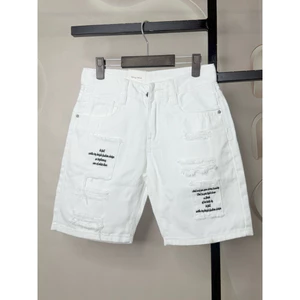 Quần đùi jean cotton nam trắng rách không co dãn chữ thêu túi hộp giả [Tnhung]