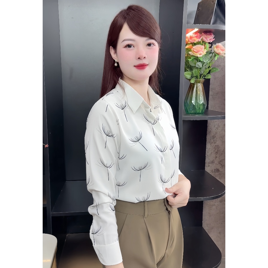 Áo Sơ Mi Nữ Lụa Mango Dài Tay Họa Tiết Bồ Công Anh Thanh Lịch Công Sở - A120