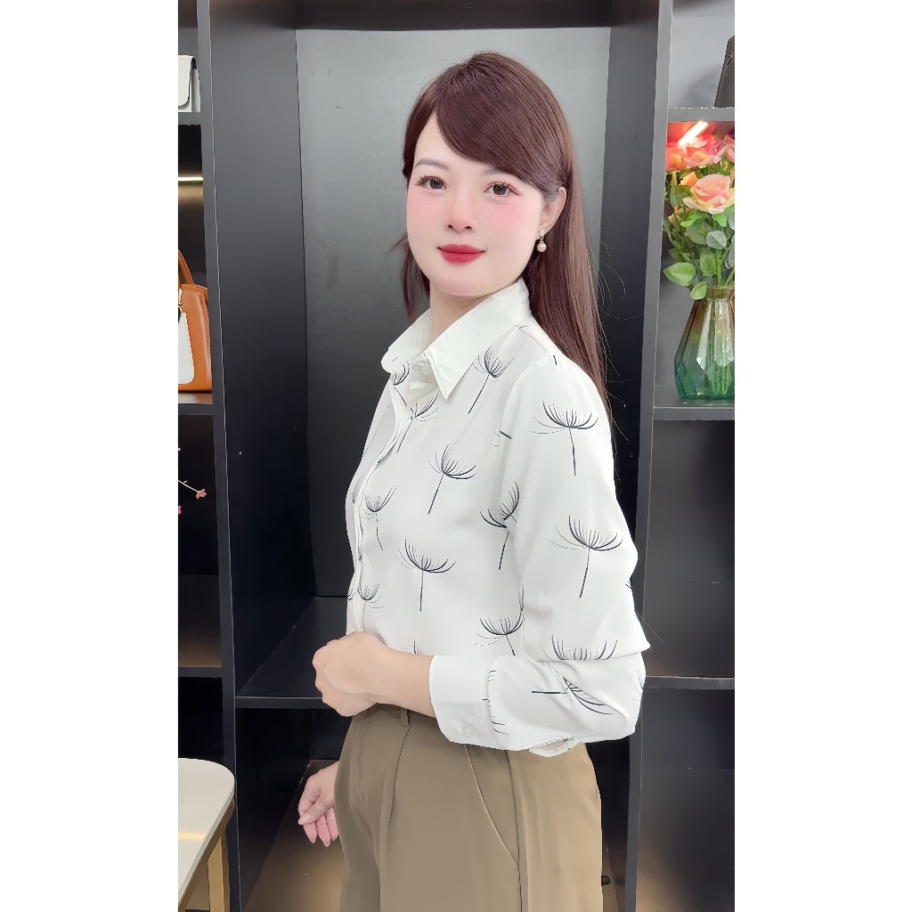 Áo Sơ Mi Nữ Lụa Mango Dài Tay Họa Tiết Bồ Công Anh Thanh Lịch Công Sở - A120