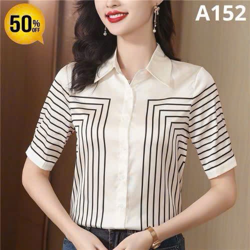 Áo Sơ Mi Nữ Lụa Mango Cộc Tay Kẻ Đối Xứng Thanh Lịch Công Sở - A152