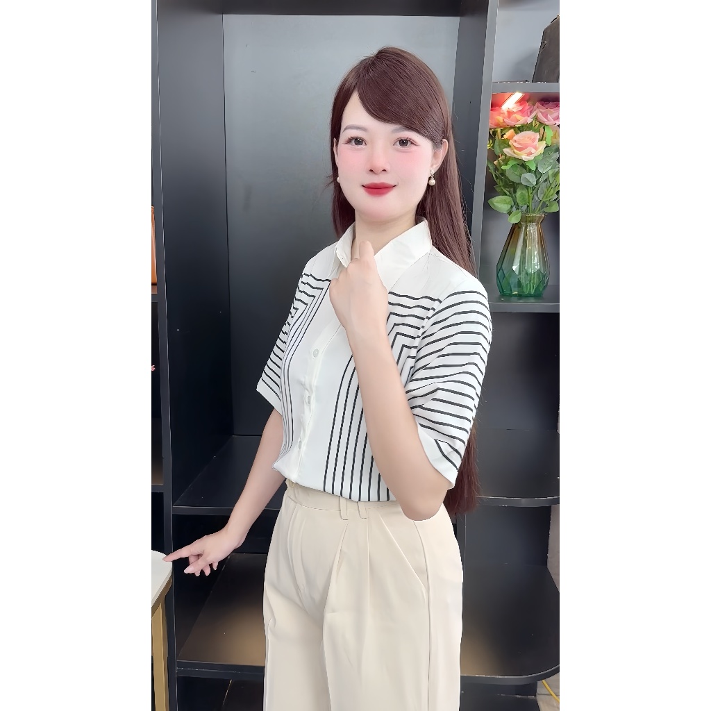 Áo Sơ Mi Nữ Lụa Mango Cộc Tay Kẻ Đối Xứng Thanh Lịch Công Sở - A152