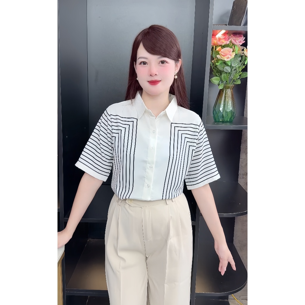 Áo Sơ Mi Nữ Lụa Mango Cộc Tay Kẻ Đối Xứng Thanh Lịch Công Sở - A152