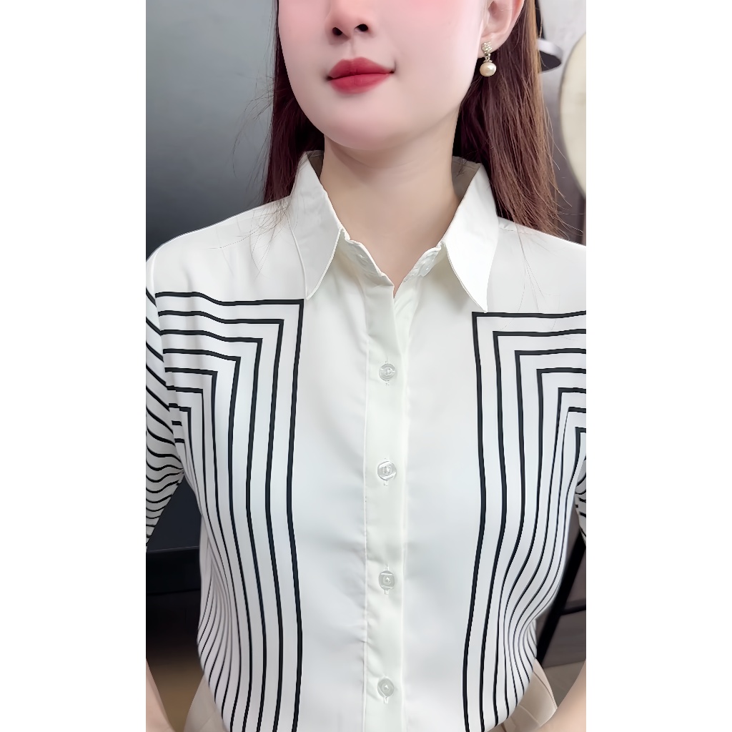 Áo Sơ Mi Nữ Lụa Mango Cộc Tay Kẻ Đối Xứng Thanh Lịch Công Sở - A152