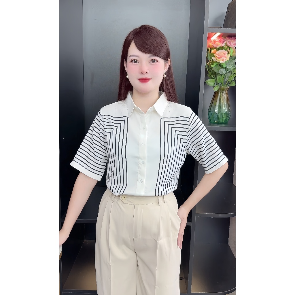 Áo Sơ Mi Nữ Lụa Mango Cộc Tay Kẻ Đối Xứng Thanh Lịch Công Sở - A152