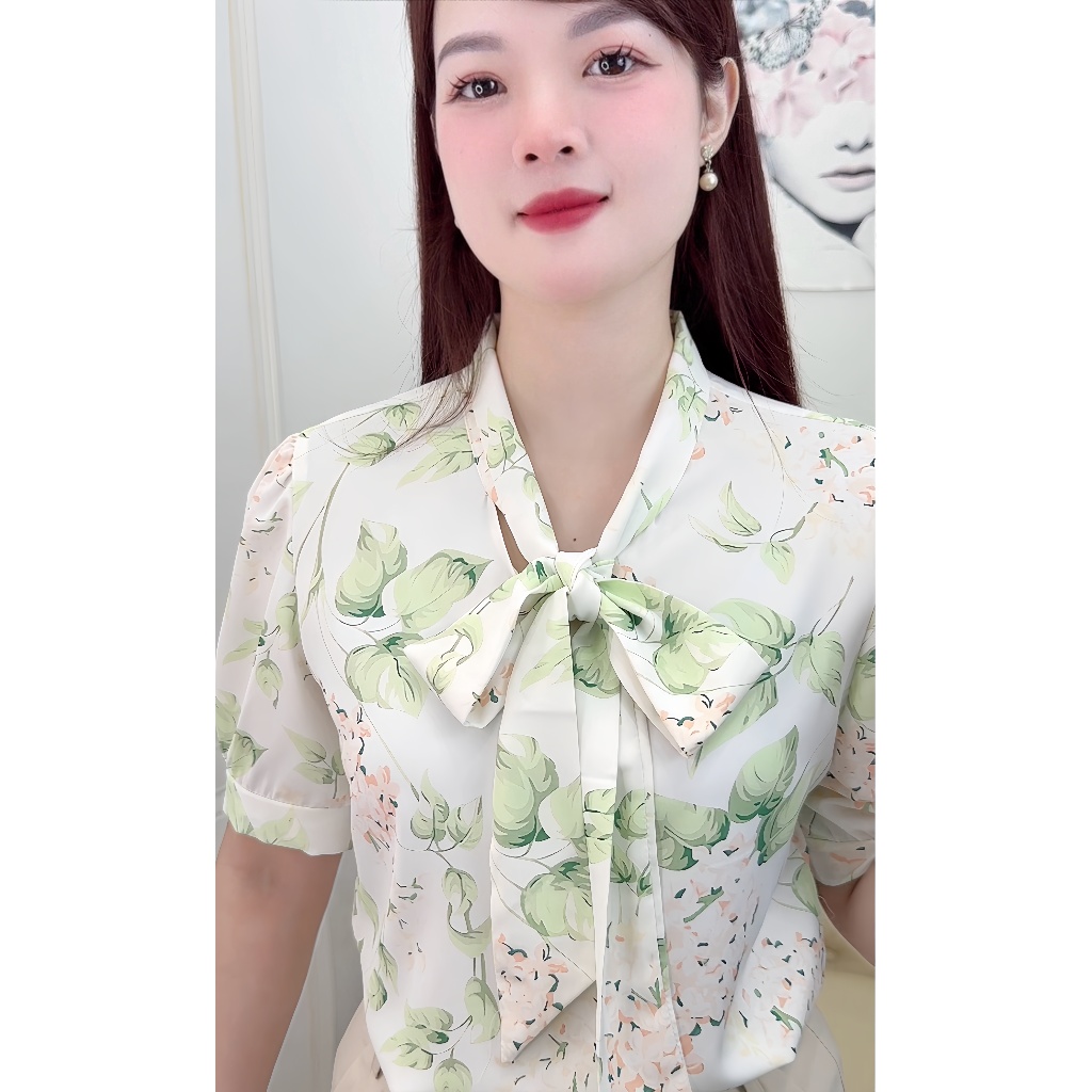 Áo Sơ Mi Nữ Lụa Mango Hoạ Tiết Hoa Lá Cổ Nơ Dễ Thương Thanh Lịch Công Sở - A156