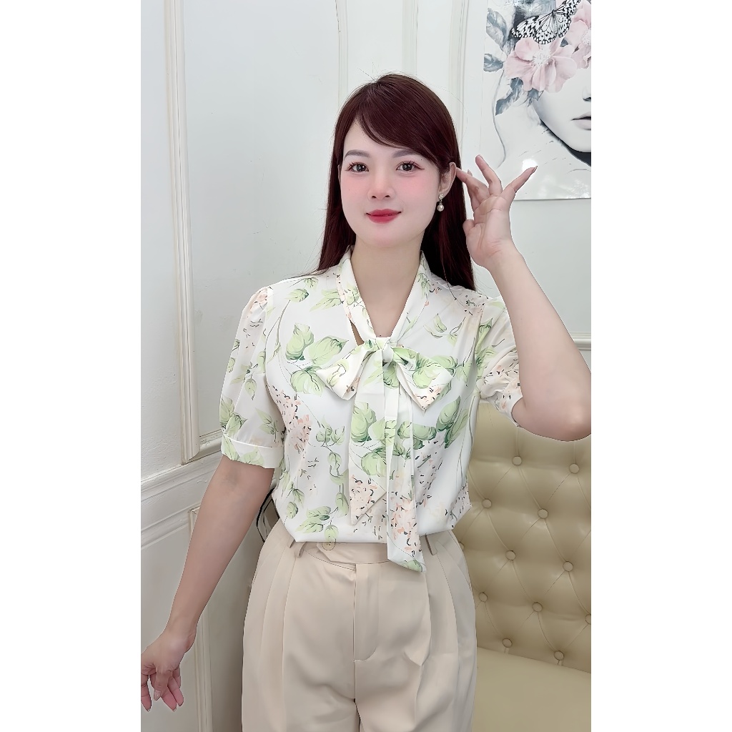 Áo Sơ Mi Nữ Công Sở T&H Chất Mango Mềm Mát , Cổ Nơ Hoạ Tiết