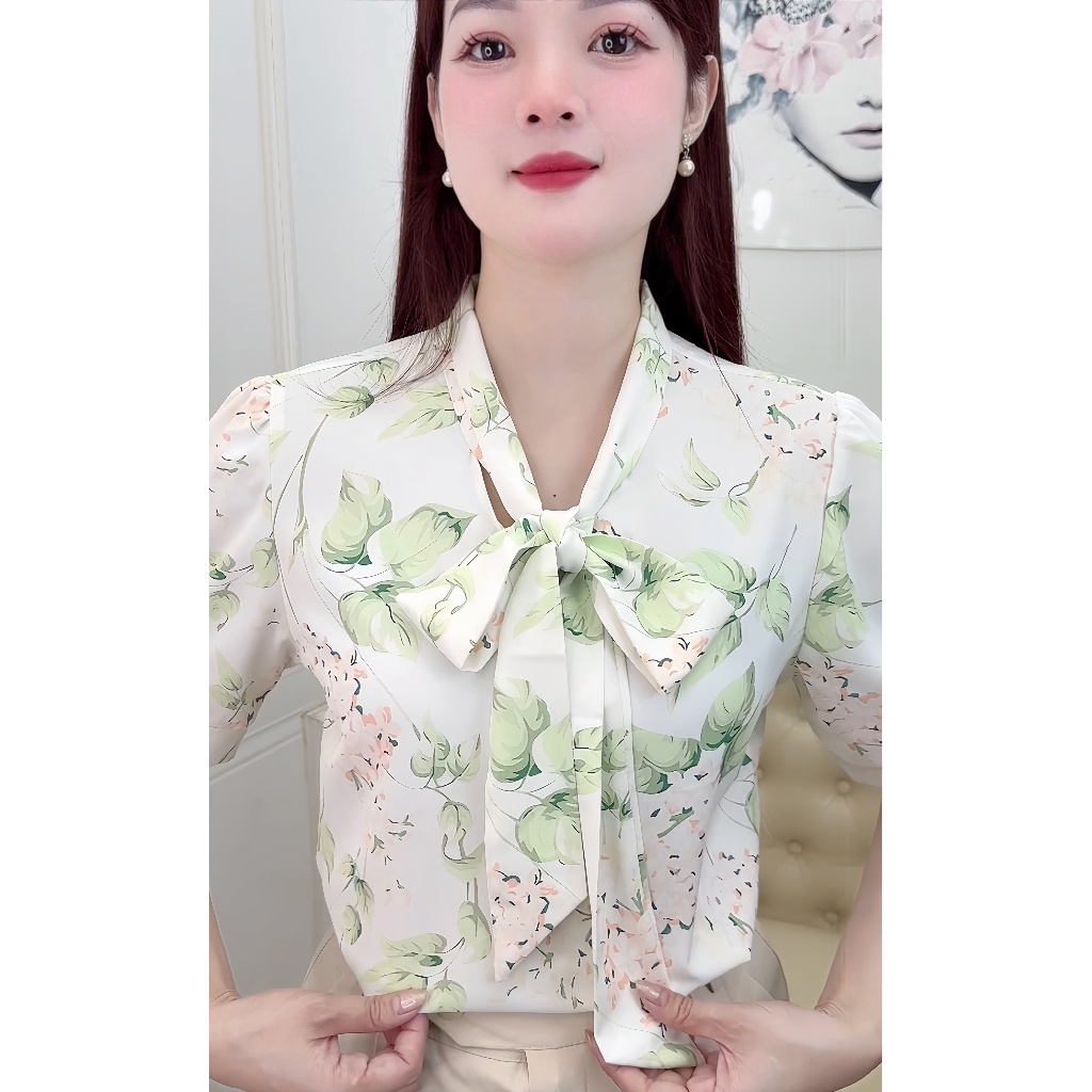 Áo Sơ Mi Nữ Công Sở T&H Chất Mango Mềm Mát , Cổ Nơ Hoạ Tiết