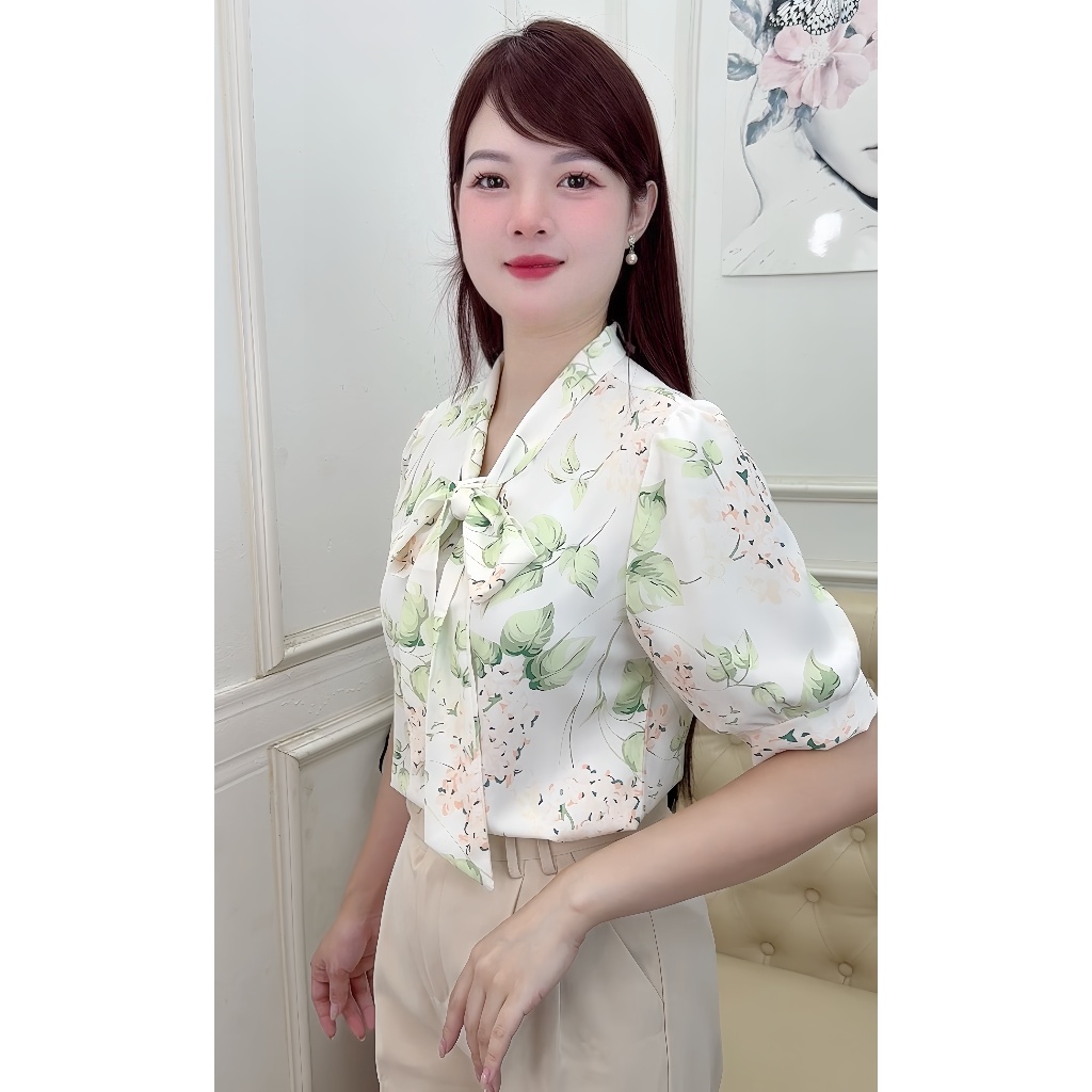 Áo Sơ Mi Nữ Công Sở T&H Chất Mango Mềm Mát , Cổ Nơ Hoạ Tiết