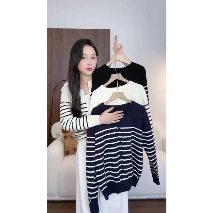 Áo Khoác Len Nữ Mỏng, Áo len cardigan tay dài nữ cúc mở kẻ ngang chất mềm, Áo khoác cardigan len mỏng chất lông thỏ a39