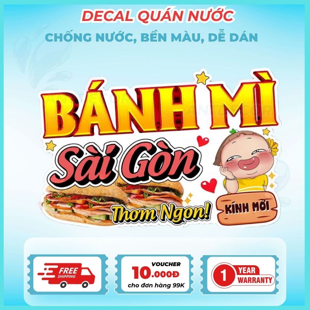 Decal Bánh Mì SÀI GÒN- Trang Trí Dán Tiệm Bánh Mì, Xe Bánh Mì - Chất Liệu Chống Thấm Nước