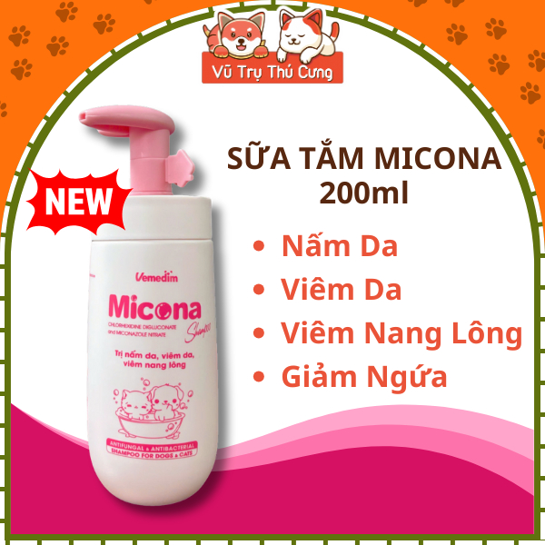 Sữa tắm Micona loại bỏ nấm ngứa, viêm da, khử mùi cho Chó Mèo 200ml