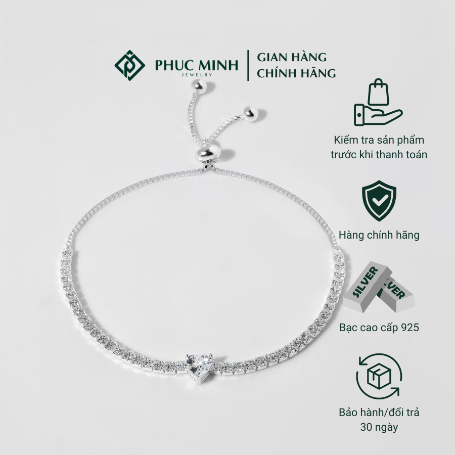 Lắc tay bạc nữ PMJ vòng tay bạc đính đá trái tim cá tính trang sức nữ bạc S925 cao cấp PMJ0277