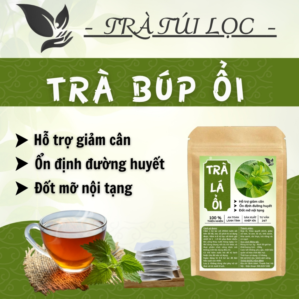 HÒA BÌNH ORGANIC - Trà Túi Lọc Lá Ổi - Thanh nhiệt, thanh lọc, Giảm cân - Bịch 50 lọc