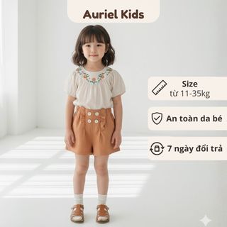 Set Bộ Bé Gái, Set Bộ Ngắn Tay Màu Be Tay Bồng Phối quần Short Màu Cam Cho Bé