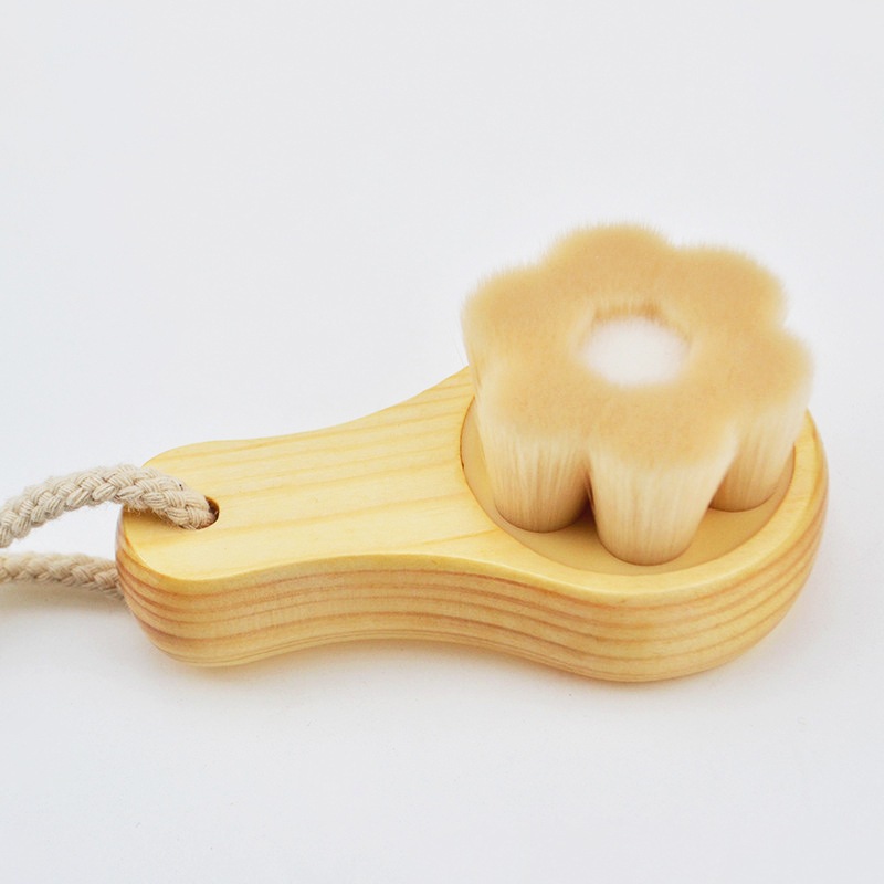 Dụng cụ chải khô massage mặt cán gỗ lông mịn hình hoa mai | Bàn chải rửa mặt thủ công làm sạch sâu tẩy tế bào chết