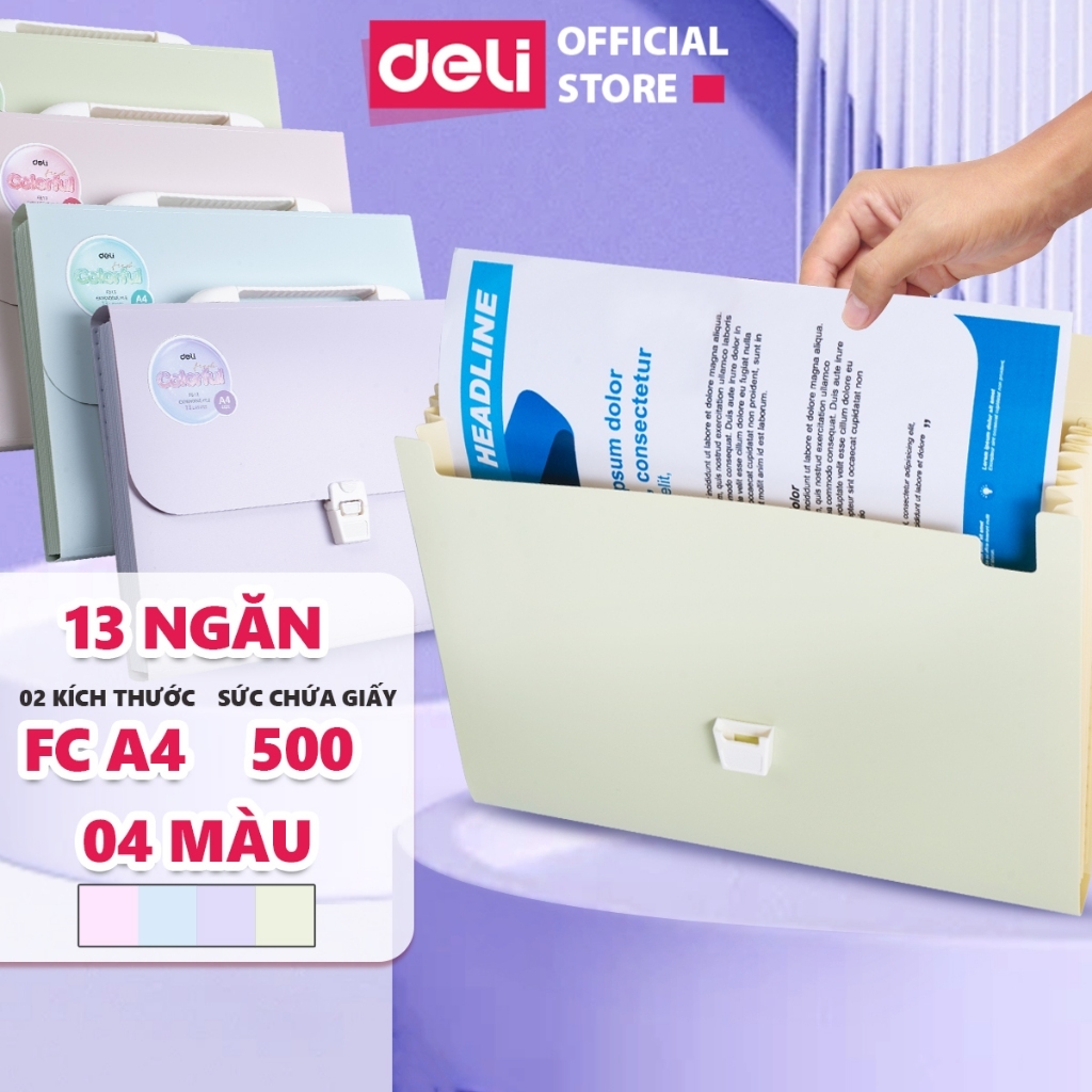 Cặp Đựng Tài Liệu Deli 13 Ngăn – Túi File A4, Nhiều Ngăn, Đựng Giấy Tờ & Học Thêm, Có Khóa