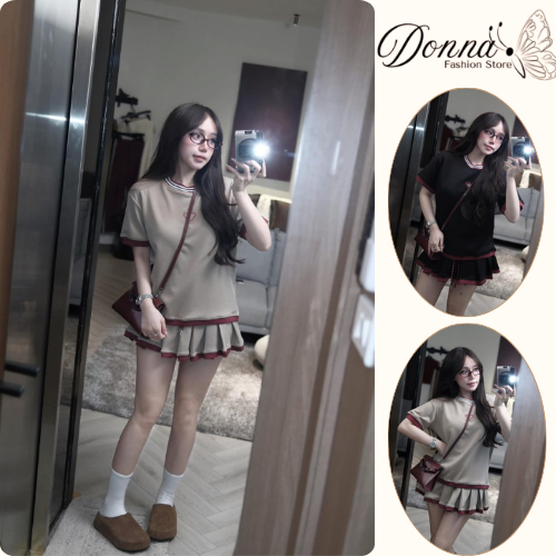 Set đồ nữ DONNA HCOM25323 áo thun form rộng mix chân váy xoè xếp ly, đồ bộ nữ xinh xắn năng động