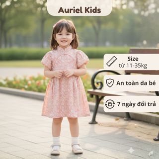 Váy Cho Bé Gái, Váy Thiết Kế Cổ Tàu Cho Bé Gái Thiết Kế Tay Bồng Dáng Chữ A Chất Liệu 100% Cotton