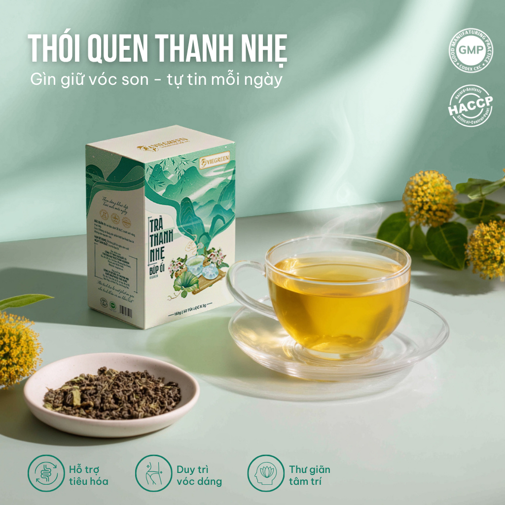Combo 2 Hộp Trà Túi Lọc Búp Ổi 25% VIEGREEN Thanh Nhẹ 50 Túi x 3g, Lá Sả, Không Đường, GMP HACCP