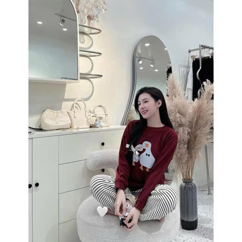 Set đồ nữ DONNA HCOM3506 chất nỉ in hoạ tiết dễ thương mix quần suông kẻ ngang, đồ bộ nữ đáng yêu
