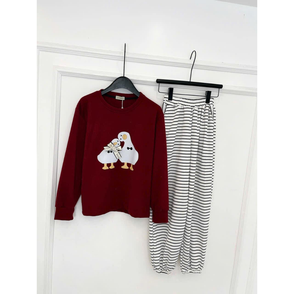 Set đồ nữ DONNA HCOM3506 chất nỉ in hoạ tiết dễ thương mix quần suông kẻ ngang, đồ bộ nữ đáng yêu