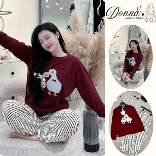 Set đồ nữ DONNA HCOM3506 chất nỉ in hoạ tiết dễ thương mix quần suông kẻ ngang, đồ bộ nữ đáng yêu