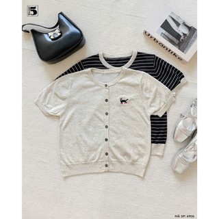 Áo Len Nữ Ngắn Tay Twentyfive Thêu Hình Mèo Dễ Thương, Áo Cardigan Nữ Cổ Viền Trẻ Trung, Cá Tính, Gấu Bo Tôn Dáng 6906