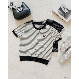Áo Len Nữ Ngắn Tay Twentyfive Thêu Hình Mèo Dễ Thương, Áo Cardigan Nữ Cổ Viền Trẻ Trung, Cá Tính, Gấu Bo Tôn Dáng 6906