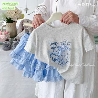 SET CHÂN VÁY REN XANH PHỐI CÙNG ÁO THUN GẤU NƠ SIÊU XINH | AnhMy Baby