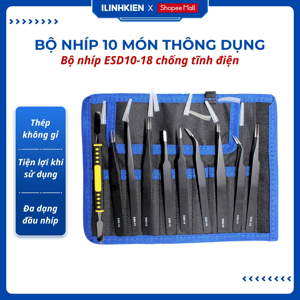 Nhíp gắp linh kiện điện tử bộ gồm 10 nhíp chống tĩnh điện ilinhkien