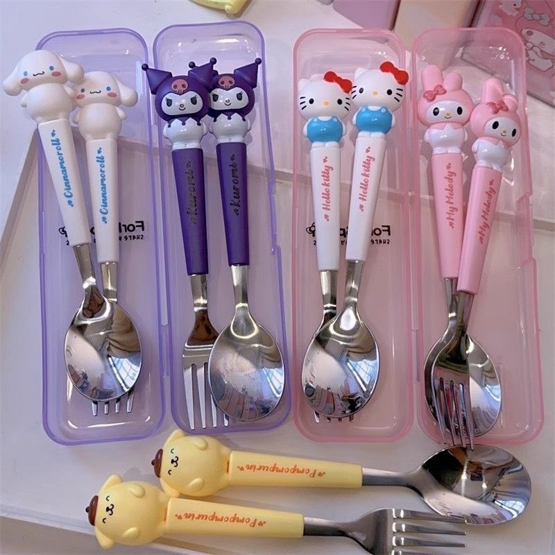 Set 2 Thìa Nĩa Bằng Thép Không Gỉ HĐáng Yêu - Hộp Thìa Ăn Cá Nhân Trẻ Em -tranh