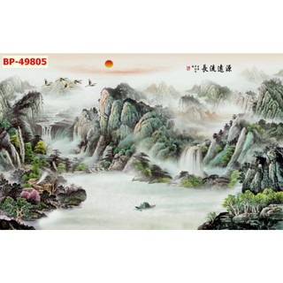 Tranh dán tường 3D Sơn Thủy, thuỷ mặc Hữu Tình, Núi Non Hùng Vĩ trang trí phòng khách, phòng ngủ