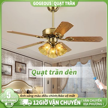 【COD】Quạt trần phòng khách Gogeous 3 màu quạt trần đèn 5 cánh gỗ có đèn Điều khiển từ xa