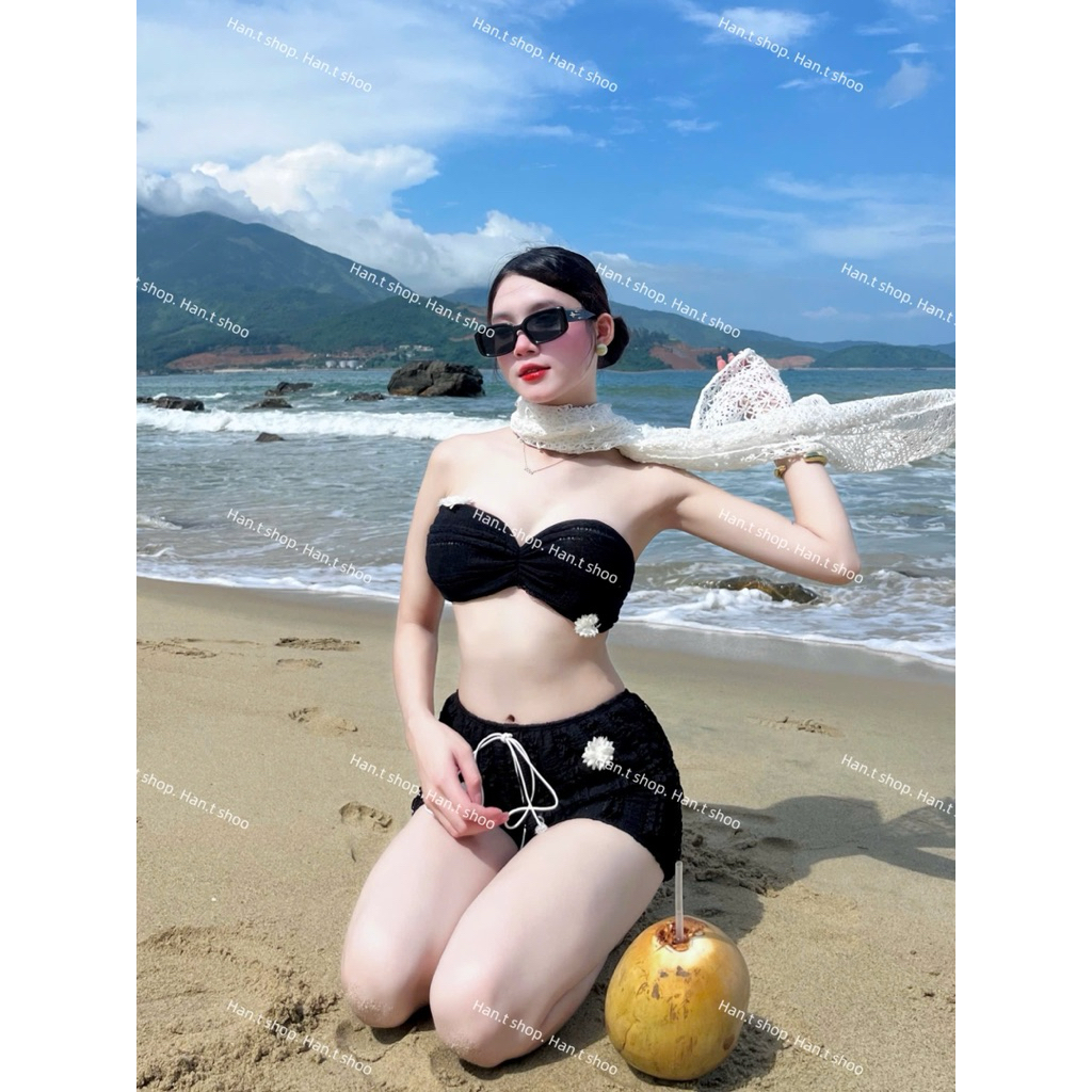 [ BKN 1016 ] Bikini thiết kế ba món REN SHORT đính hoa kèm khăn choàng ren nữ tính HAN.T SHOP