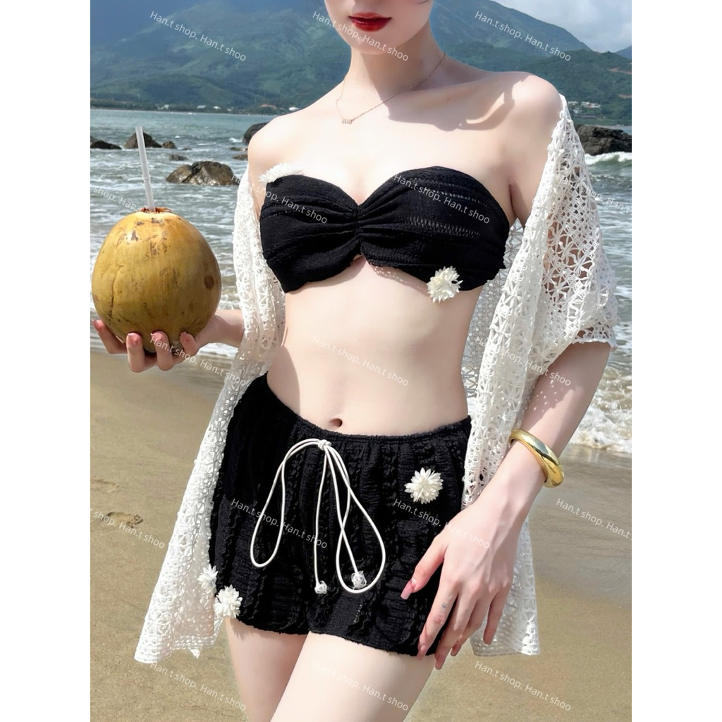 [ BKN 1016 ] Bikini thiết kế ba món REN SHORT đính hoa kèm khăn choàng ren nữ tính HAN.T SHOP