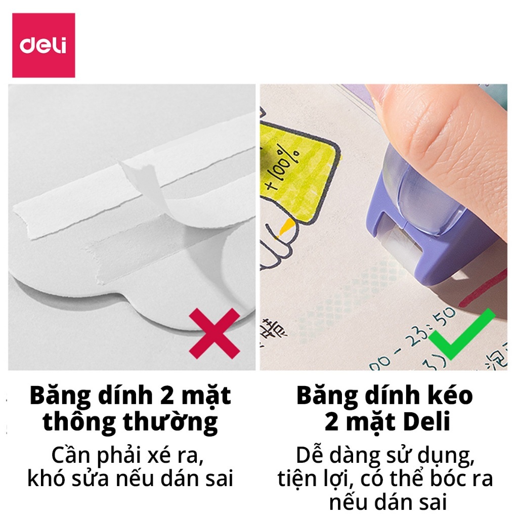 Băng Dính 2 Mặt Dạng Kéo Deli Băng Keo 2 Mặt 8m Có Thể Đổi Màu Có Nắp Siêu Bám Dính Gọn Nhẹ Tiện Lợi
