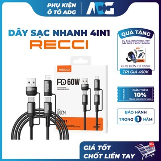Dây sạc nhanh 4IN1 Recci RS47T CHÍNH HÃNG - Chuyển đổi linh hoạt đầu sạc USB, Type-C, Lightning | Phụ kiện ô tô ADG