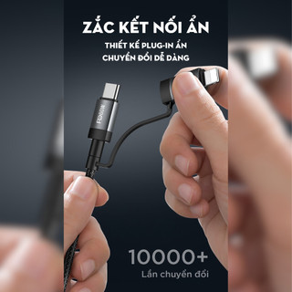 Dây sạc nhanh 4IN1 Recci RS47T CHÍNH HÃNG - Chuyển đổi linh hoạt đầu sạc USB, Type-C, Lightning | Phụ kiện ô tô ADG
