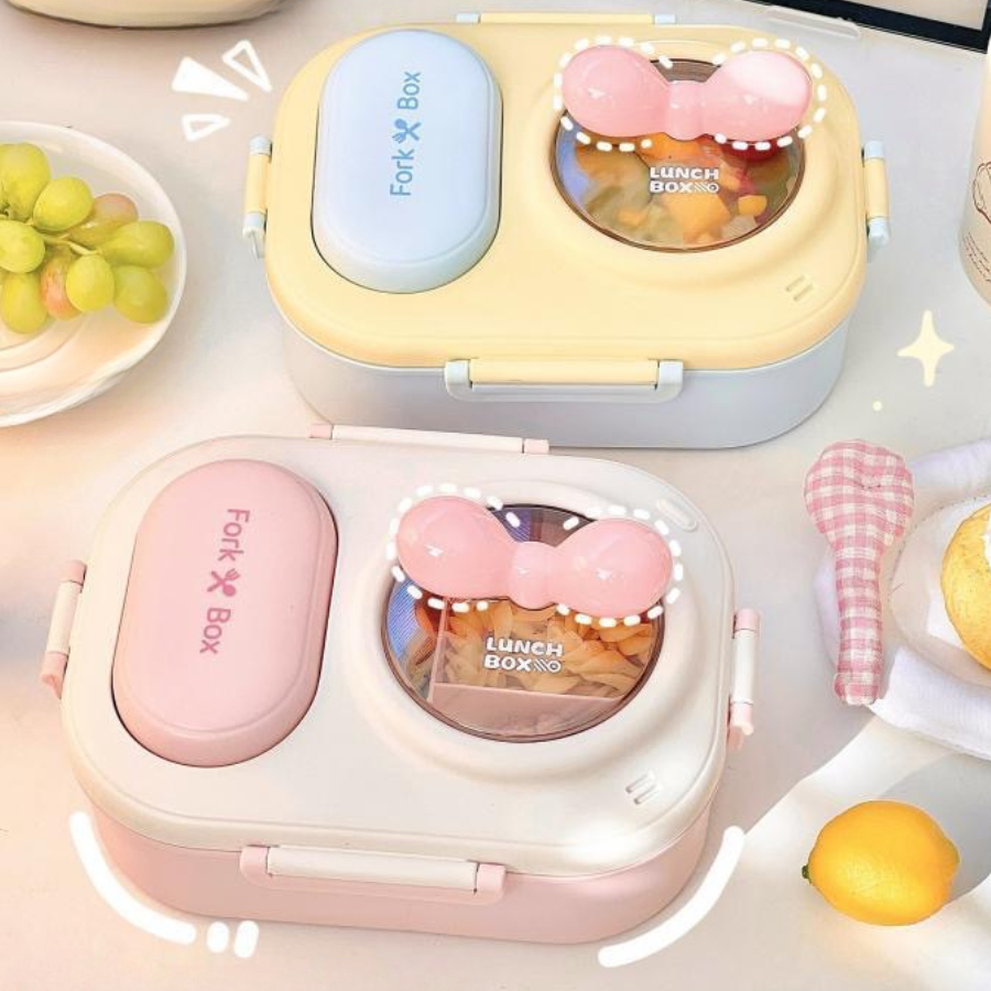 Hộp Đựng Cơm 3 Ngăn Kèm Muỗng Nĩa Tiện Lợi, Hộp Đựng Cơm Fork Box Dễ Thương Nắp Đậy Kín