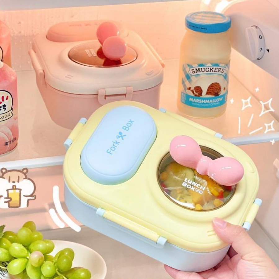 Hộp Đựng Cơm 3 Ngăn Kèm Muỗng Nĩa Tiện Lợi, Hộp Đựng Cơm Fork Box Dễ Thương Nắp Đậy Kín
