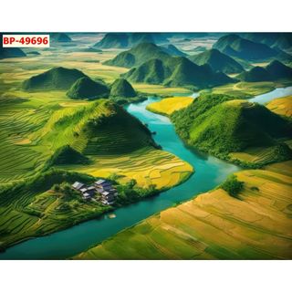 Tranh vải lụa kim sa thác nước thiên nhiên đầm sen, thác nước hùng vĩ khổ lớn