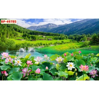 Tranh vải lụa kim sa thác nước thiên nhiên đầm sen, thác nước hùng vĩ khổ lớn