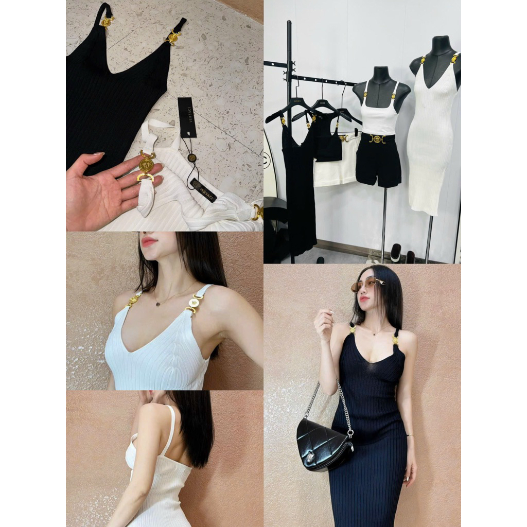 Đầm len dệt kim hai dây tag Versace kèm belt đen trắng xanh lá cam