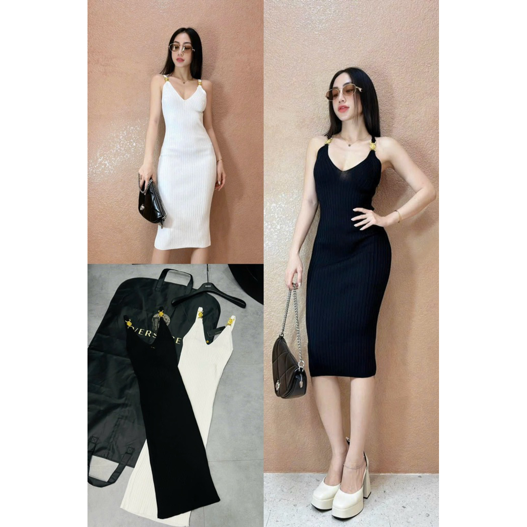 Đầm len dệt kim hai dây tag Versace kèm belt đen trắng xanh lá cam