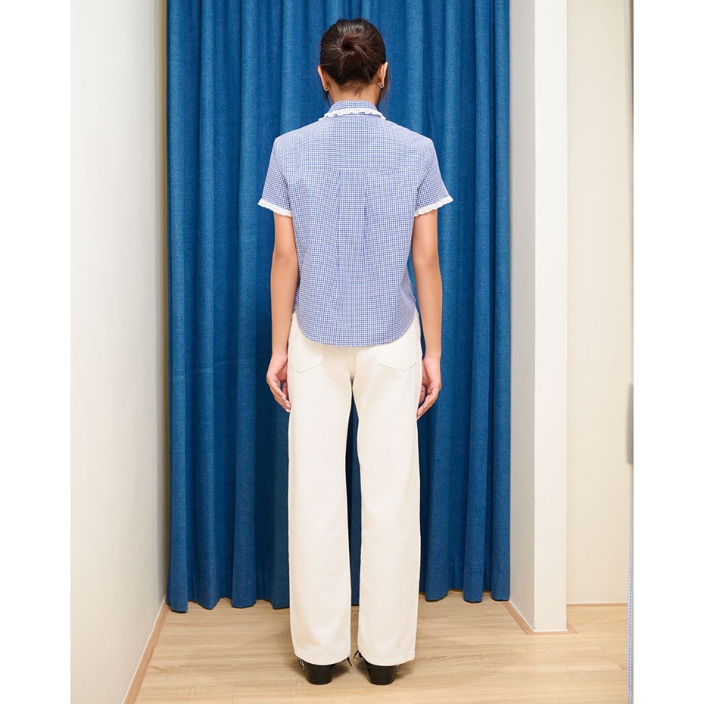 TheBlueTshirt - Áo sơ mi kẻ sọc ngắn tay viền ren trắng nữ tính - Alice Shirt