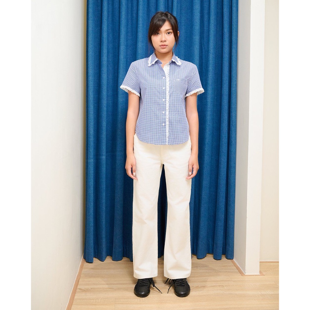 TheBlueTshirt - Áo sơ mi kẻ sọc ngắn tay viền ren trắng nữ tính - Alice Shirt