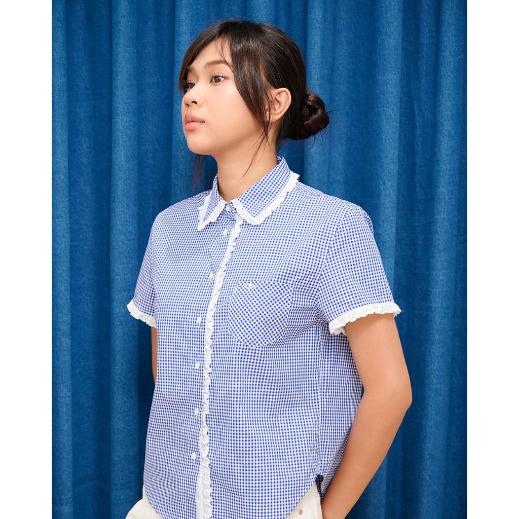 TheBlueTshirt - Áo sơ mi kẻ sọc ngắn tay viền ren trắng nữ tính - Alice Shirt