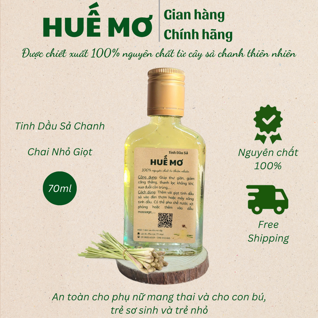 Tinh Dầu Sả Chanh nguyên chất HUẾ MƠ - giúp thơm phòng, thư giãn, đuổi muỗi, giải cảm - 70ml